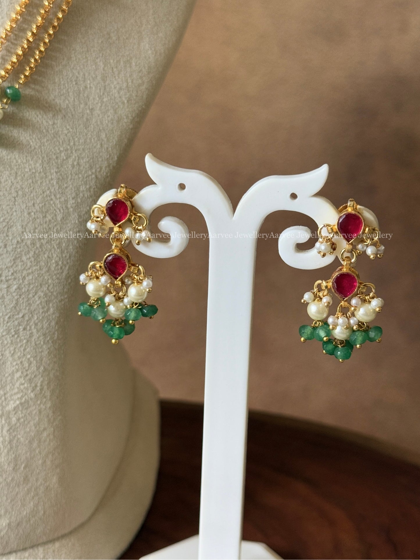 MINIMAL POLKI KUNDAN LAYERED CHAIN SET WITH RUBY STONE & PASTEL BEADS