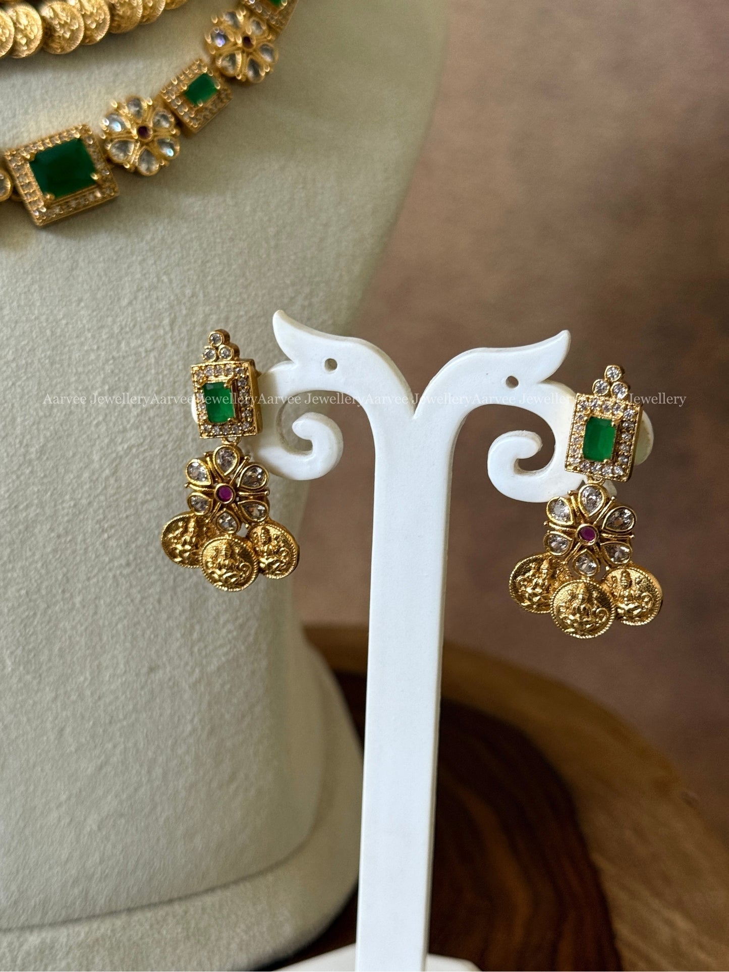 CZ RUBY / GREEN STONE TWO LAYERED NECKLACE SET