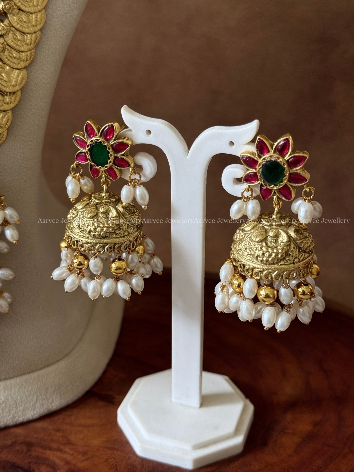 GOLD COIN MID LENGTH HARAM SET WITH PEACOCK PENDANT WITH PEARLS - RUBY STONES