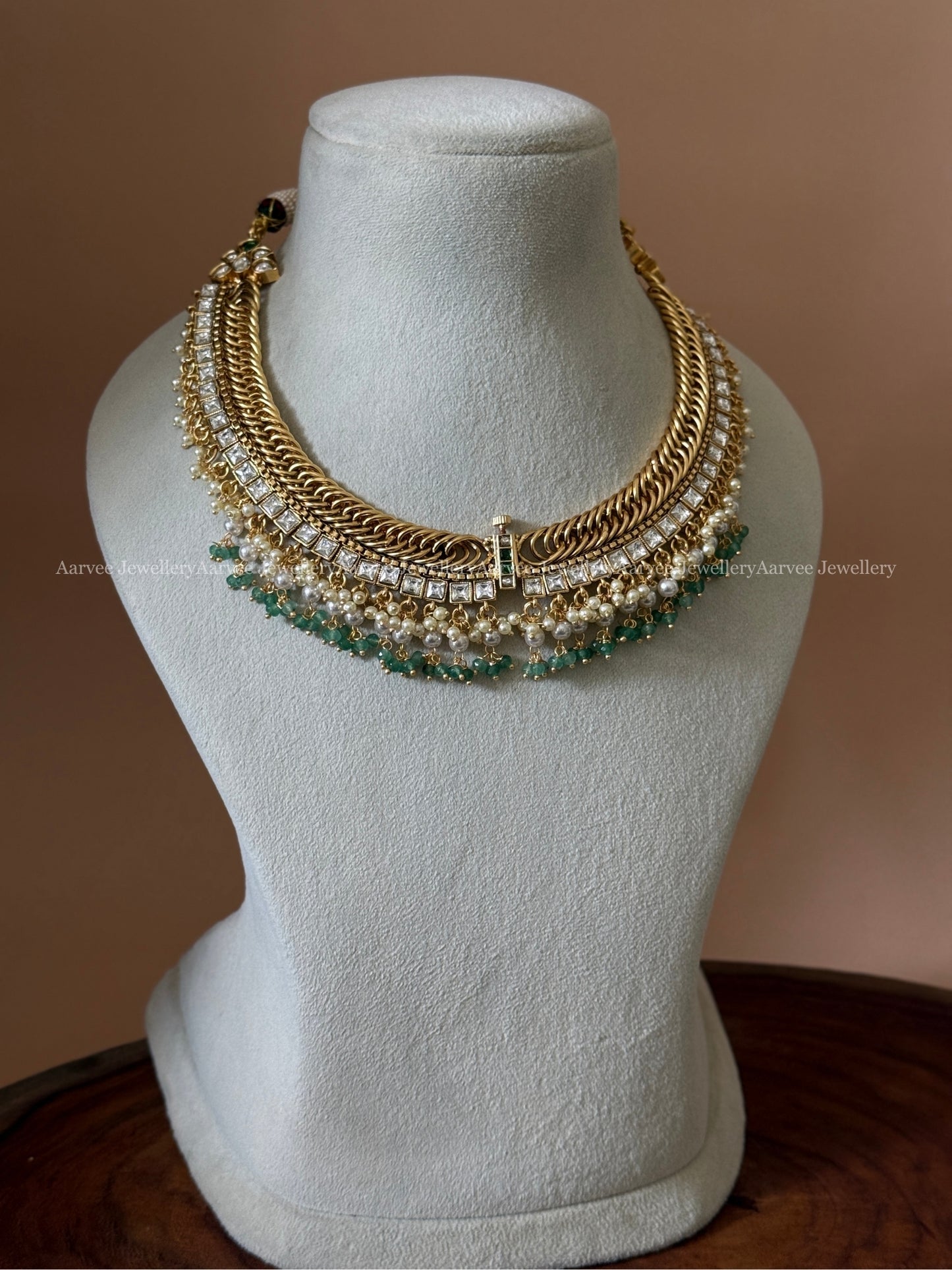 JALEBI NECKLACE SET WITH LAKSHMI MOTIF DETACHABLE PENDANT — WHITE STONES & PASTEL BEADS