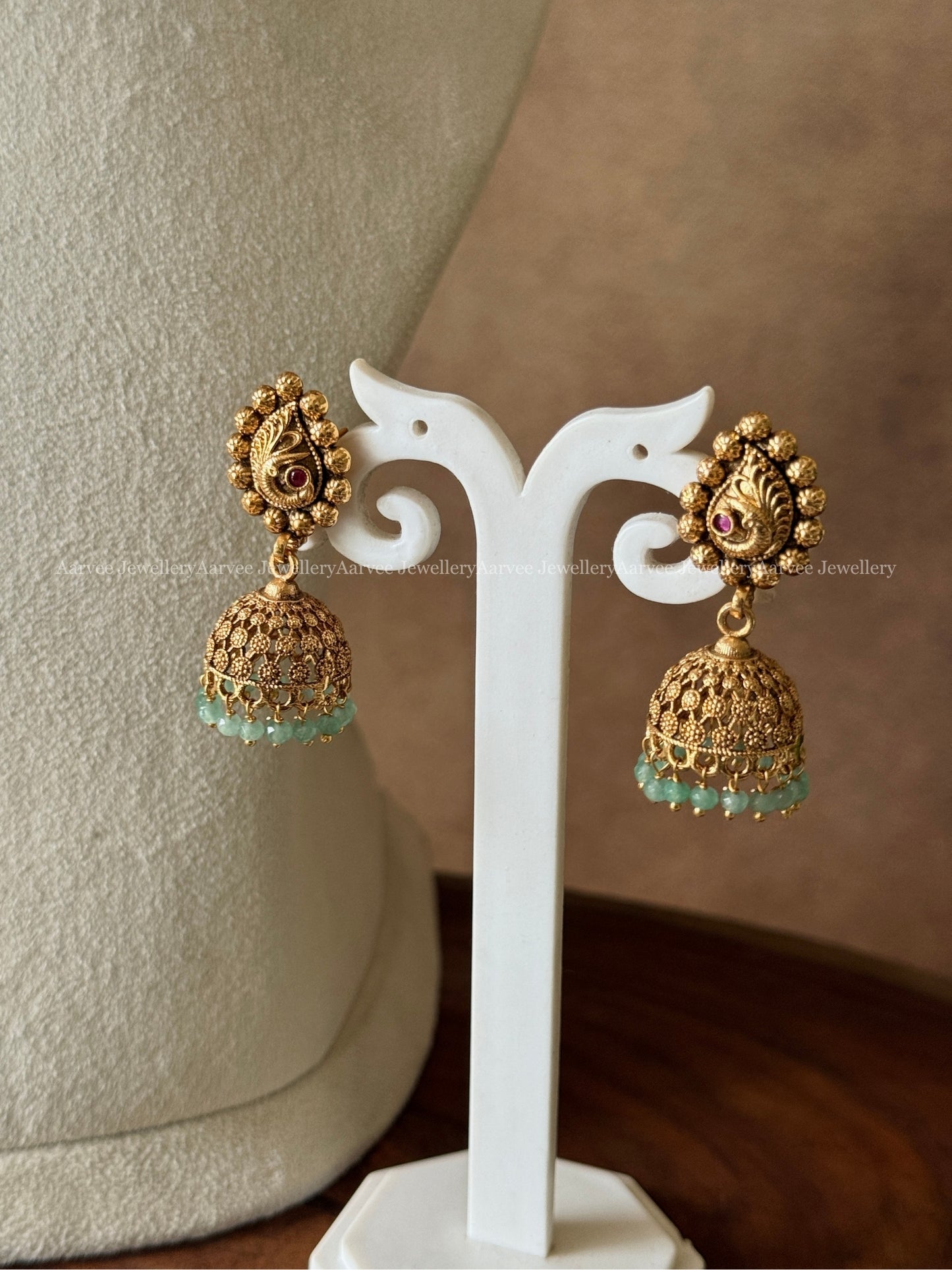 GREEN BEADS NECKLACE SET WITH GOLD FINISH PEACOCK DESIGN