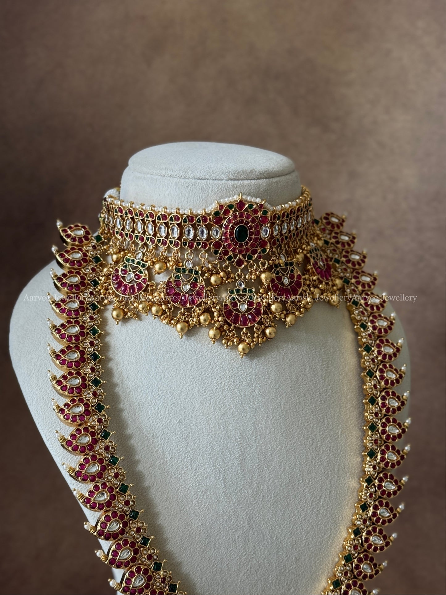COMBO - KEMP MULTI PENDANT CHOKER & KEMP MANGO MOTIF HARAM SET WITH RUBY STONES & GOLD BEADS