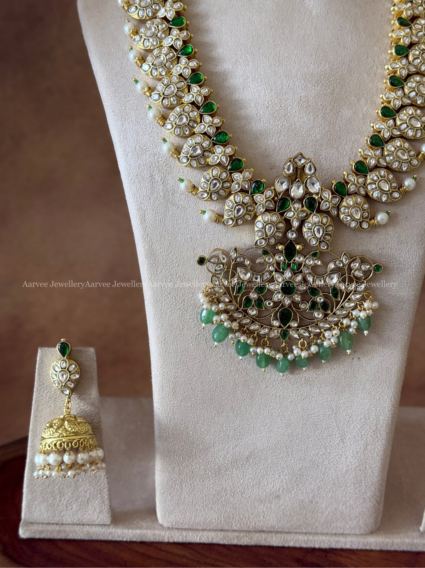 JADAU KUNDAN WHITE / GREEN STONE MANGO MOTIF NECKLACE WITH PASTEL BEADS AND MANGO JHUMKI