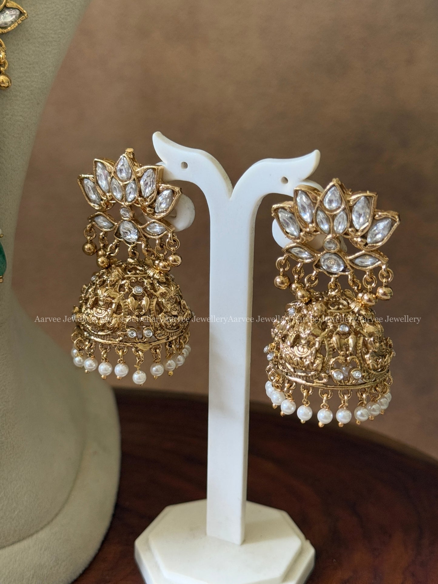 KUNDAN WHITE STONE LOTUS HARAM SET WITH GOLD TONE LAKSHMI PENDANT WITH PASTEL BEADS