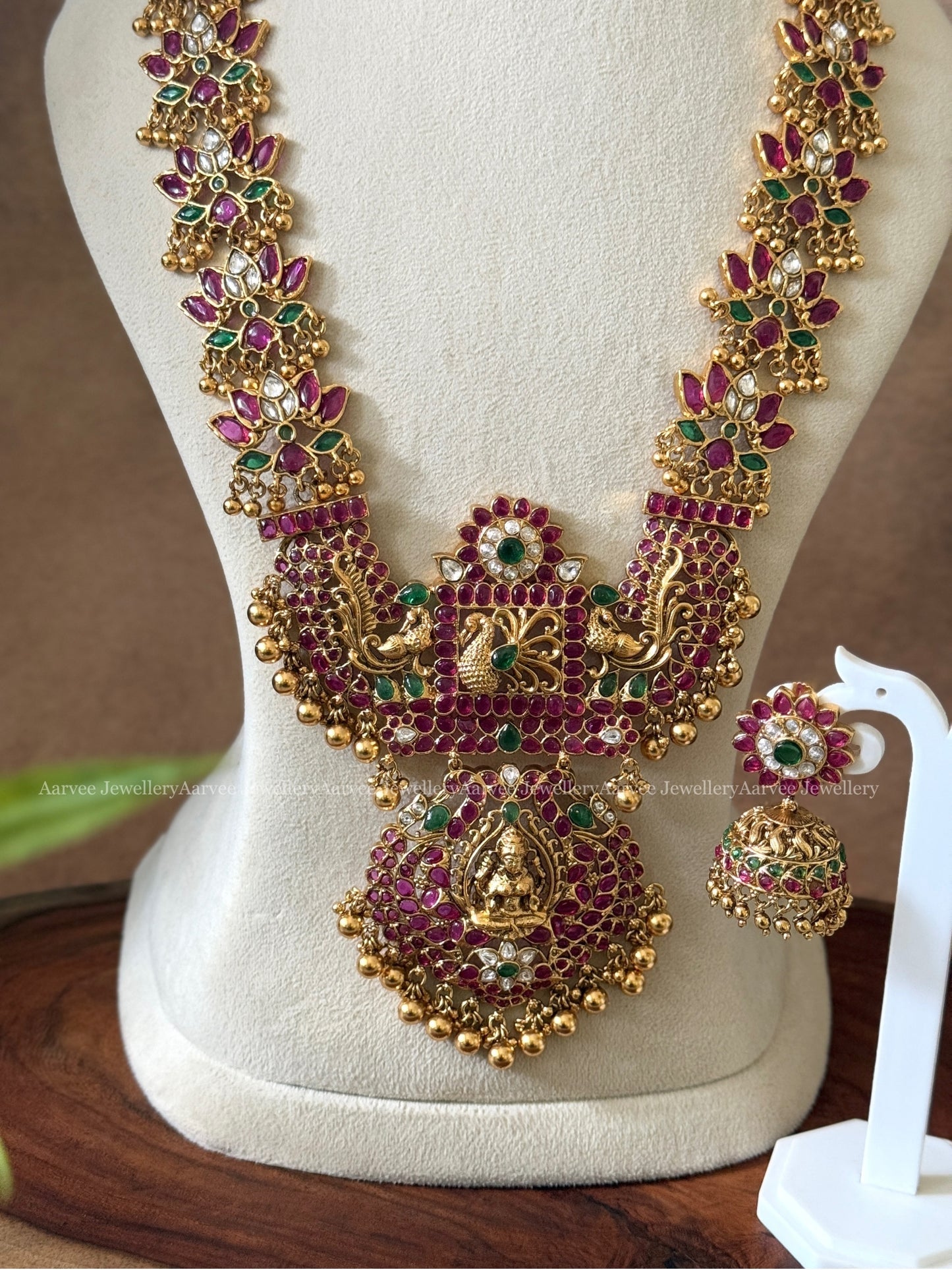 KEMP MULTI COLOR STONES LOTUS MOTIF HARAM SET WITH LAKSHMI PENDANT AND GOLD BEADS