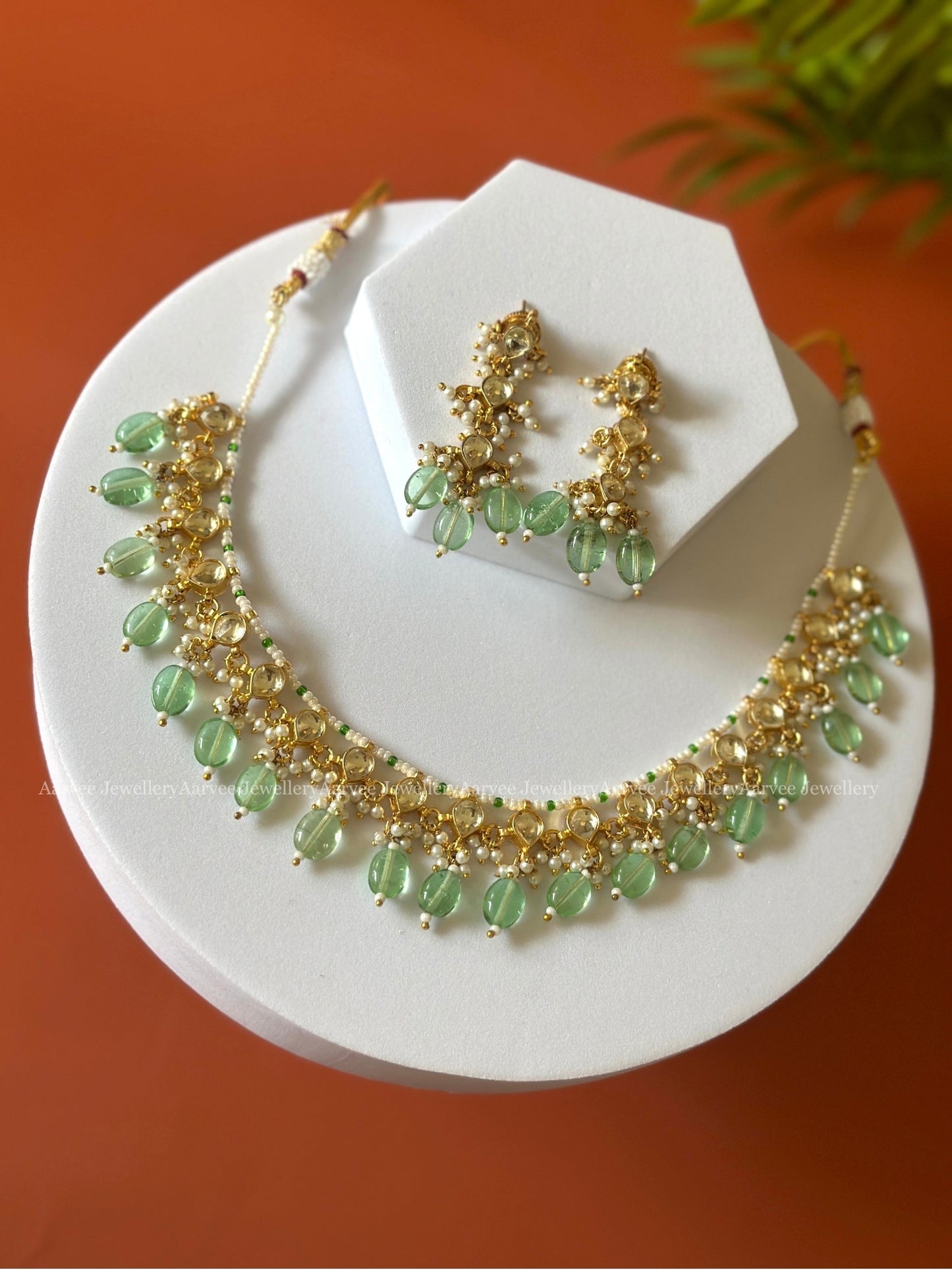 POLKI KUNDAN MINIMAL PEARL CHAIN WHITE STONE NECKLACE SET WITH PASTEL BEADS