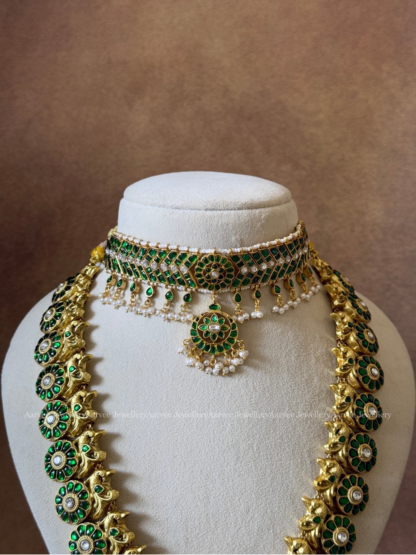 COMBO - GREEN STONE ADITI CHOKER | JADAU KUNDAN GREEN STONE BUTTA HARAM SET WITH LOTUS PENDANT & PEARL BEADS