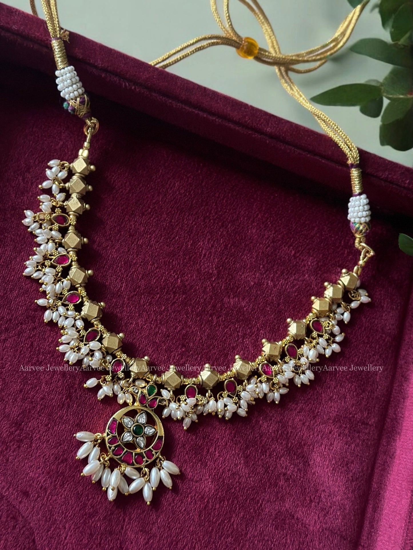 JADAU KUNDAN GOLD BALL BEADED NECKLACE WITH FLORAL PENDANT OVAL SHAPE PEARLS