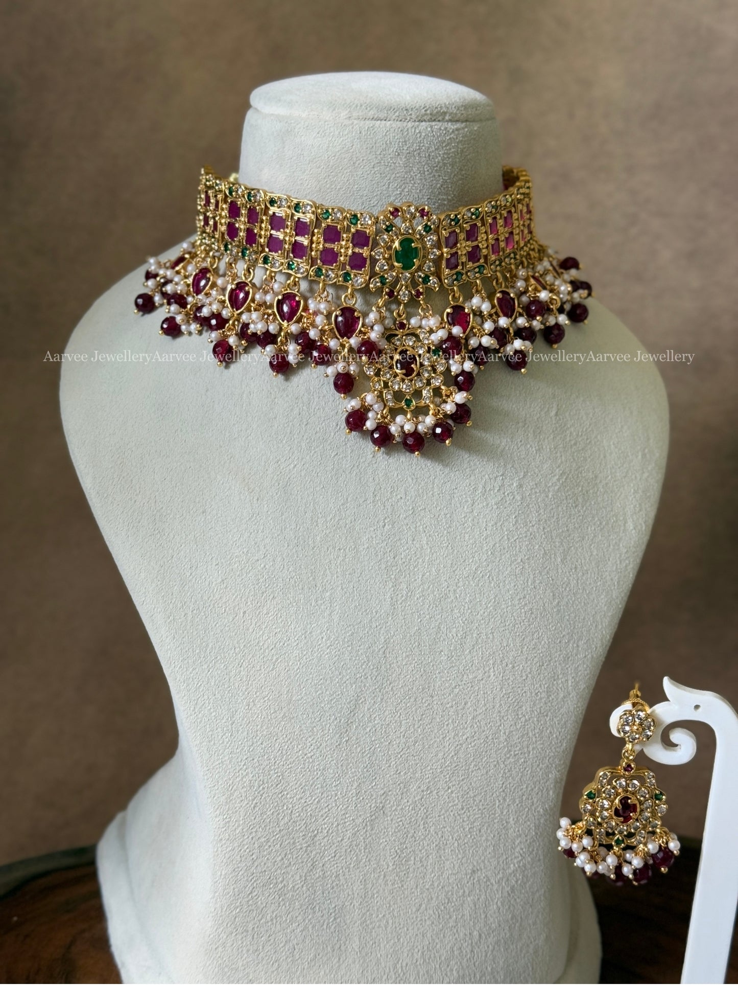 CZ STONES HIGH QUALITY CHOKER SET WITH RUBY BEADS