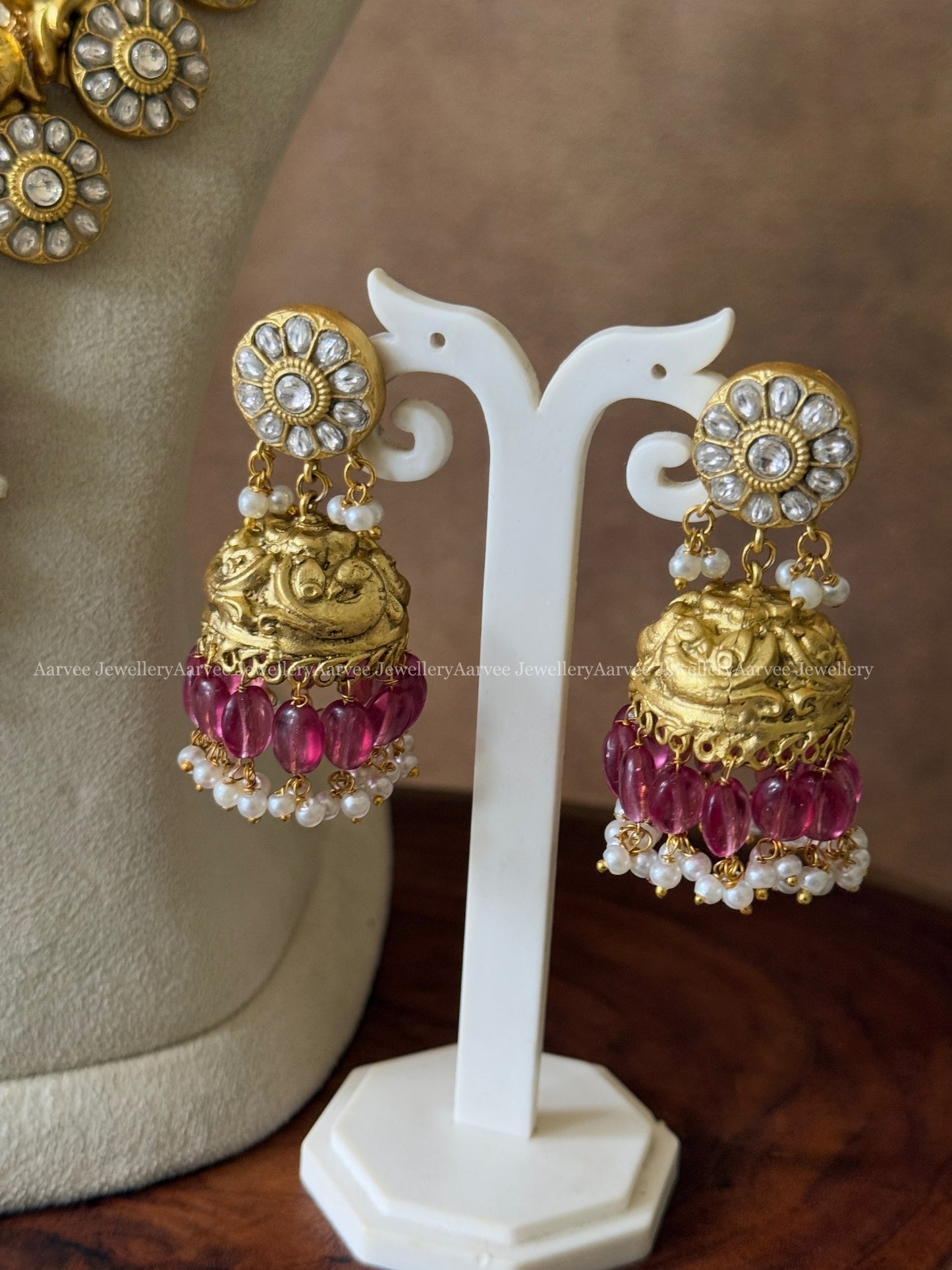 JADAU KUNDAN WHITE STONE BUTTA HARAM SET WITH PINK LOTUS PENDANT AND WINE BEADS