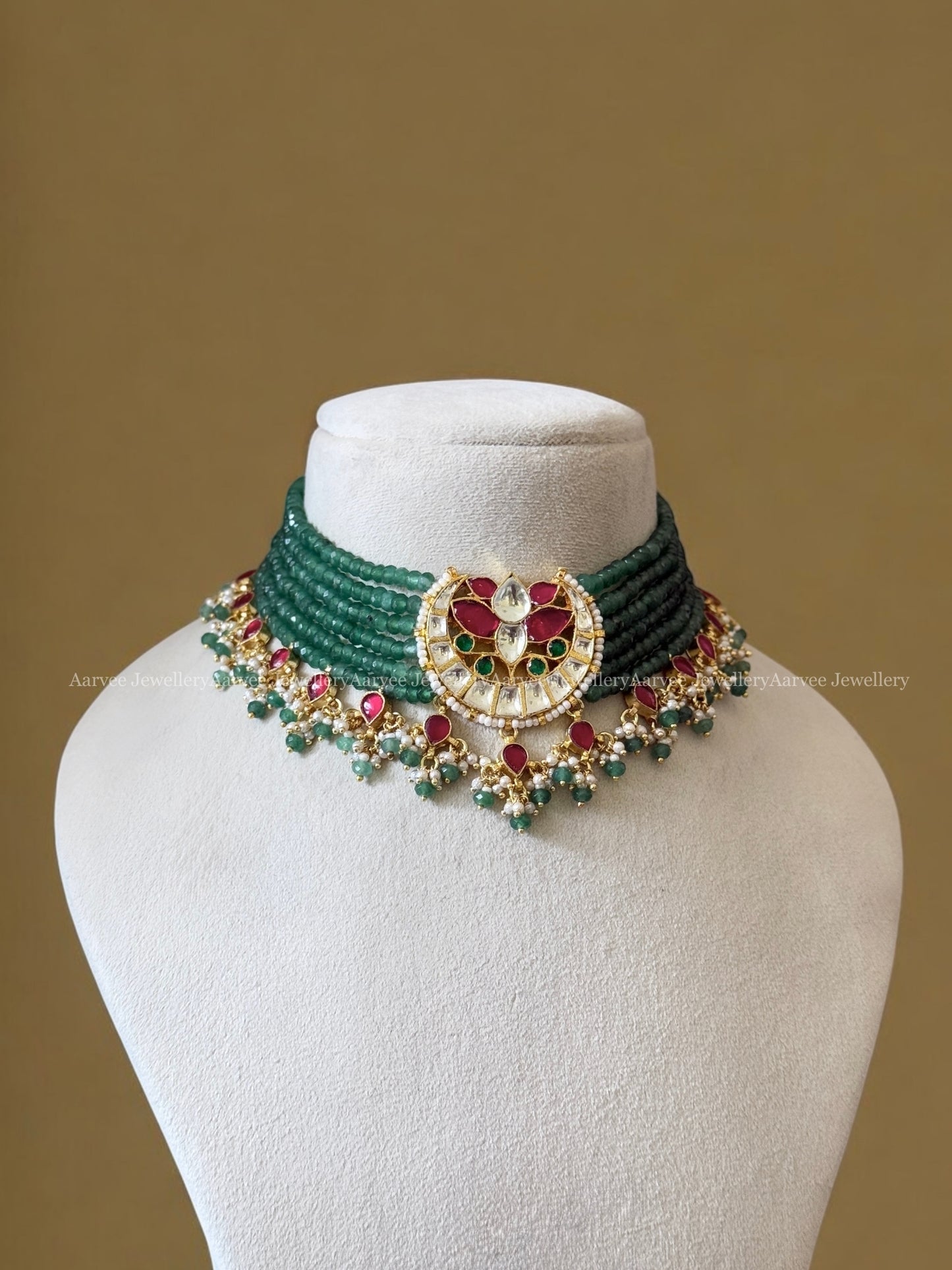 POLKI KUNDAN PASTEL BEADED CHOKER SET WITH LOTUS MOTIF PENDANT