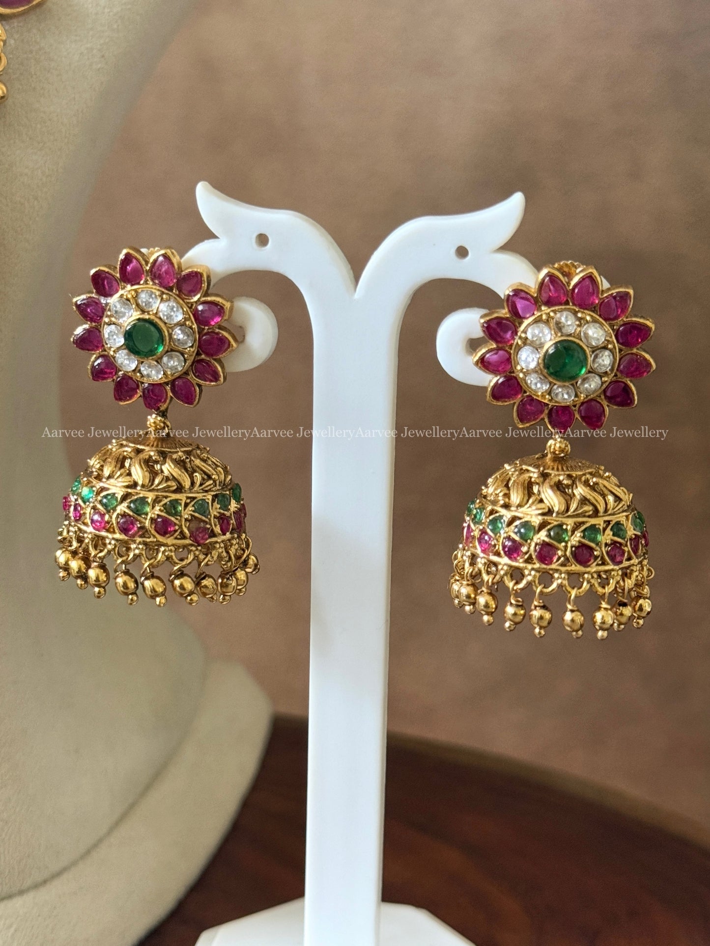 A KUNDAN MULTI COLOR STONES CHOKER | LOTUS MOTIF HARAM SET WITH LAKSHMI PENDANT AND GOLD BEADS