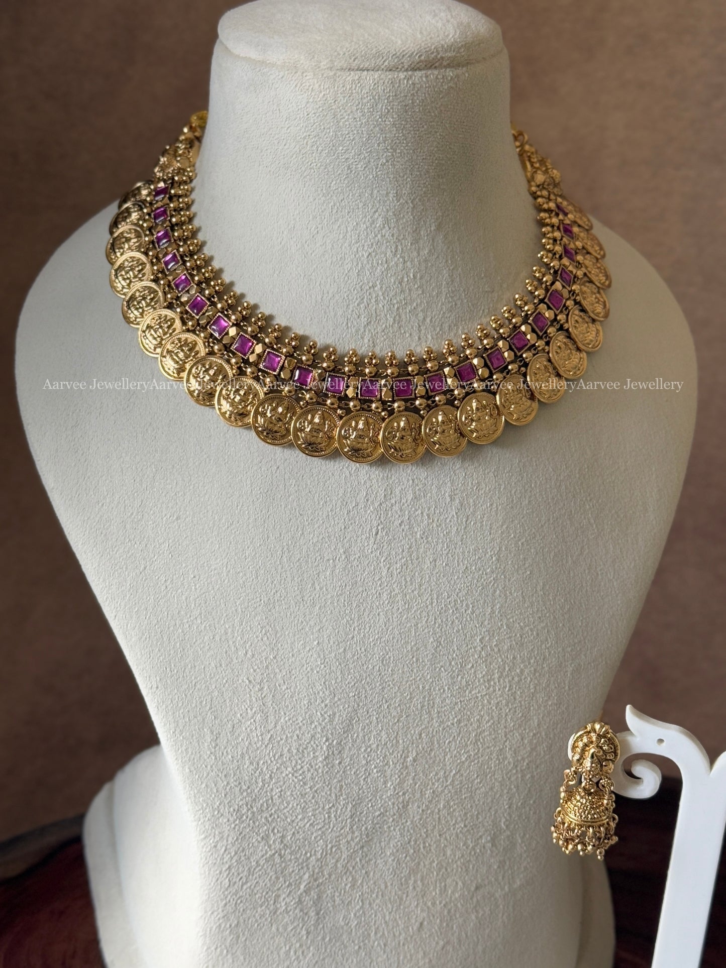 HIGH QUALITY ANTIQUE FINISH LAKSHMI COIN NECKLACE SET WITH SEMI PRECIOUS KEMP RUBY STONES