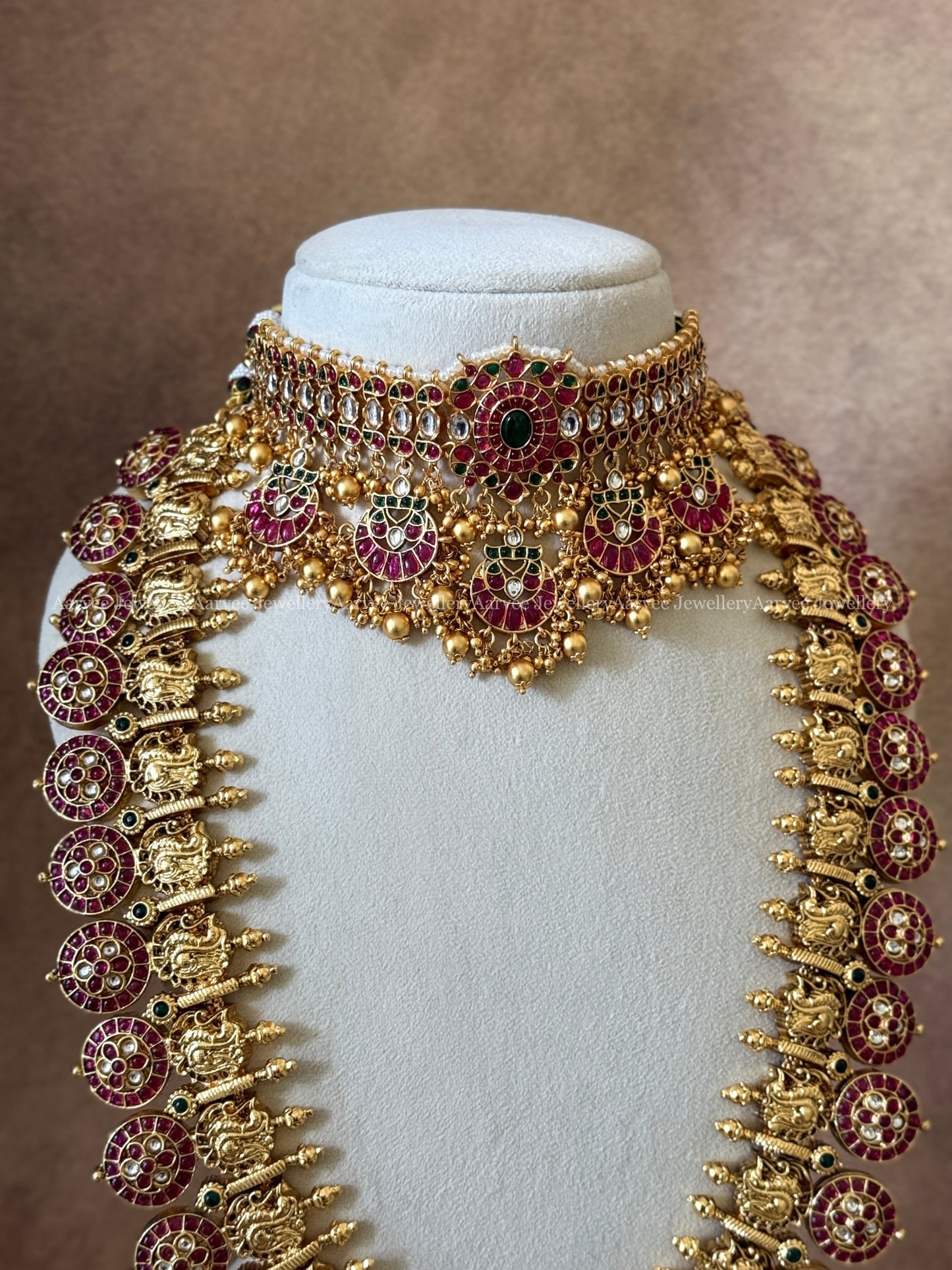 COMBO - RUBY STONE MULTI PENDANT CHOKER & GOLD TONE BUTTA BRIDAL HARAM SET WITH GOLD BEADS