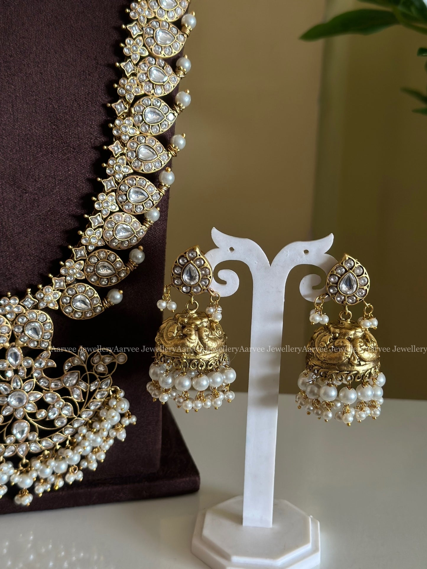 COMBO - JADAU KUNDAN WHITE STONE MANGO MOTIF NECKLACE , HARAM AND JHUMKI WITH PEARLS