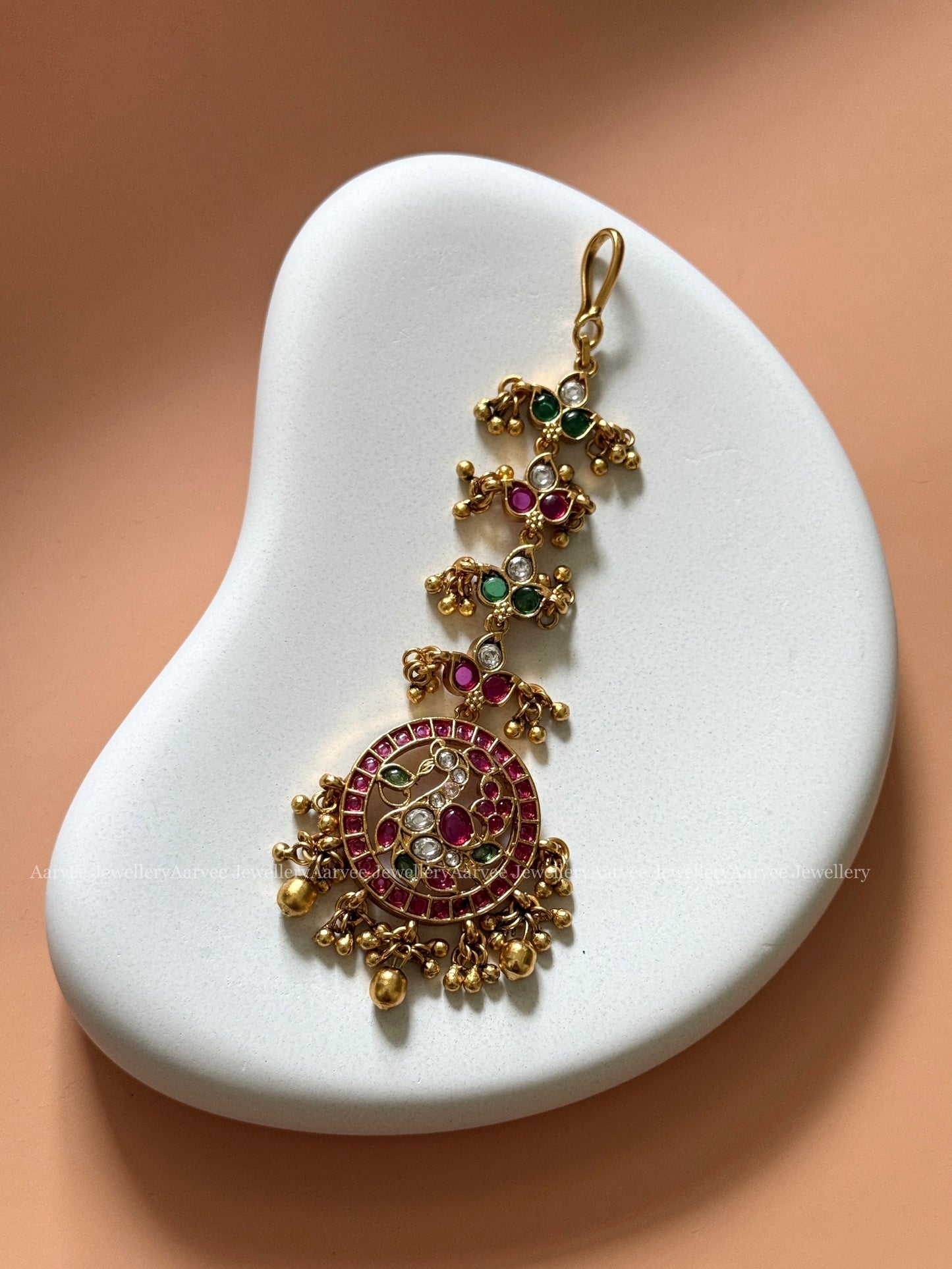 PREMIUM KEMP RUBY / GREEN STONES TIKKA WITH PEACOCK PENDANT - GOLD BEADS