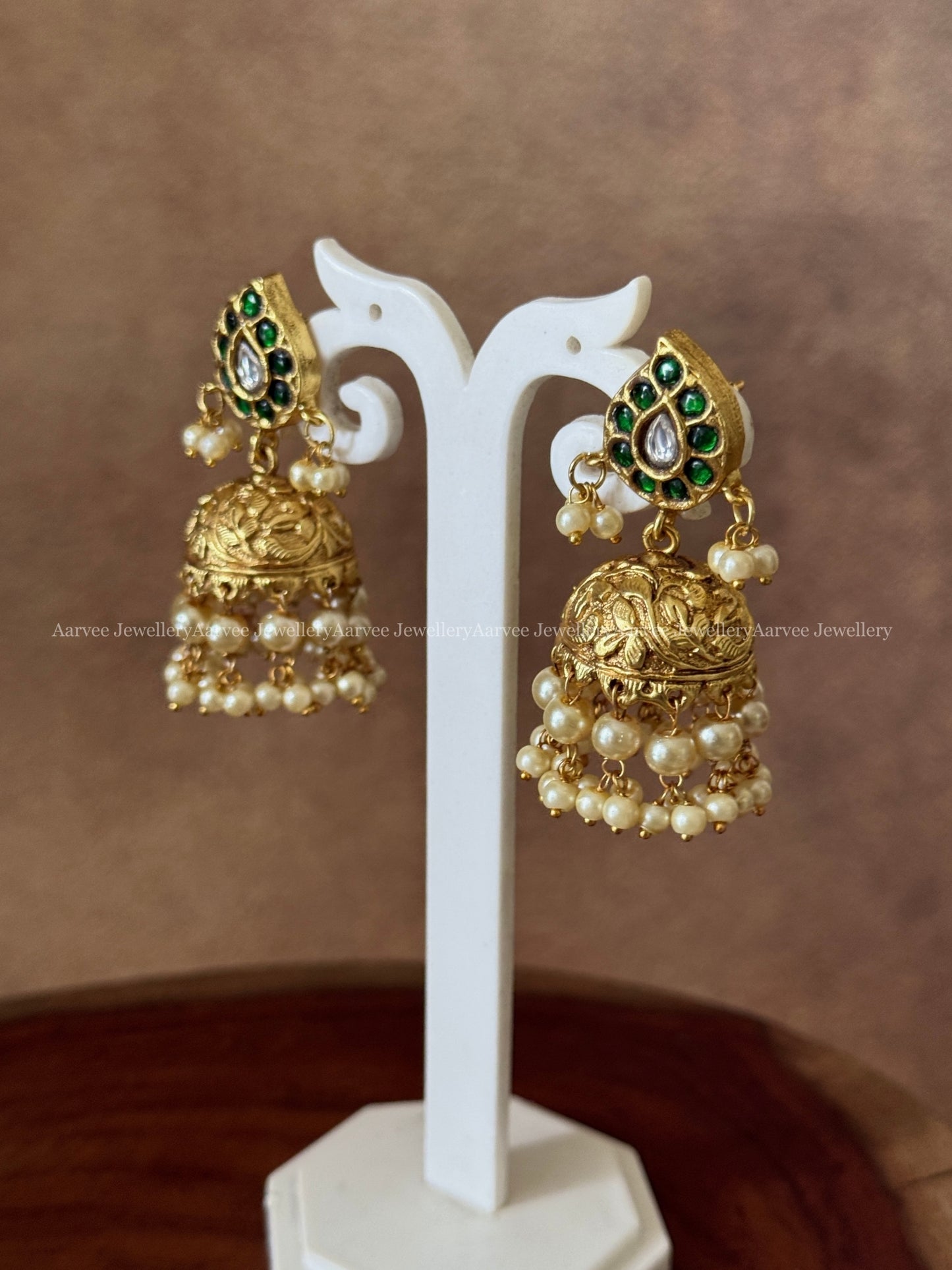 JADAU KUNDAN GREEN STONE SMALL MANGO JHUMKI WITH PEARL BEADS