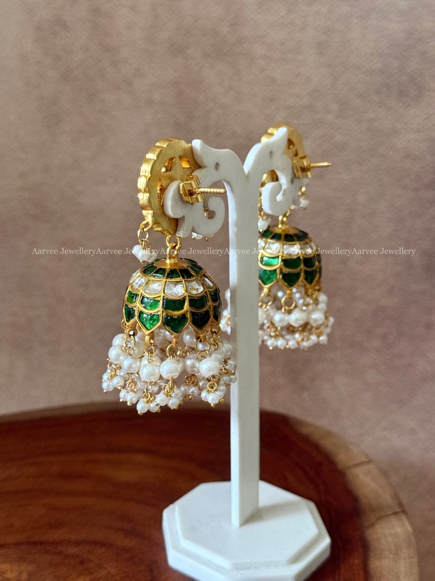 JADAU KUNDAN FLORAL BUTTA JHUMKI WITH GREEN / WHITE STONES