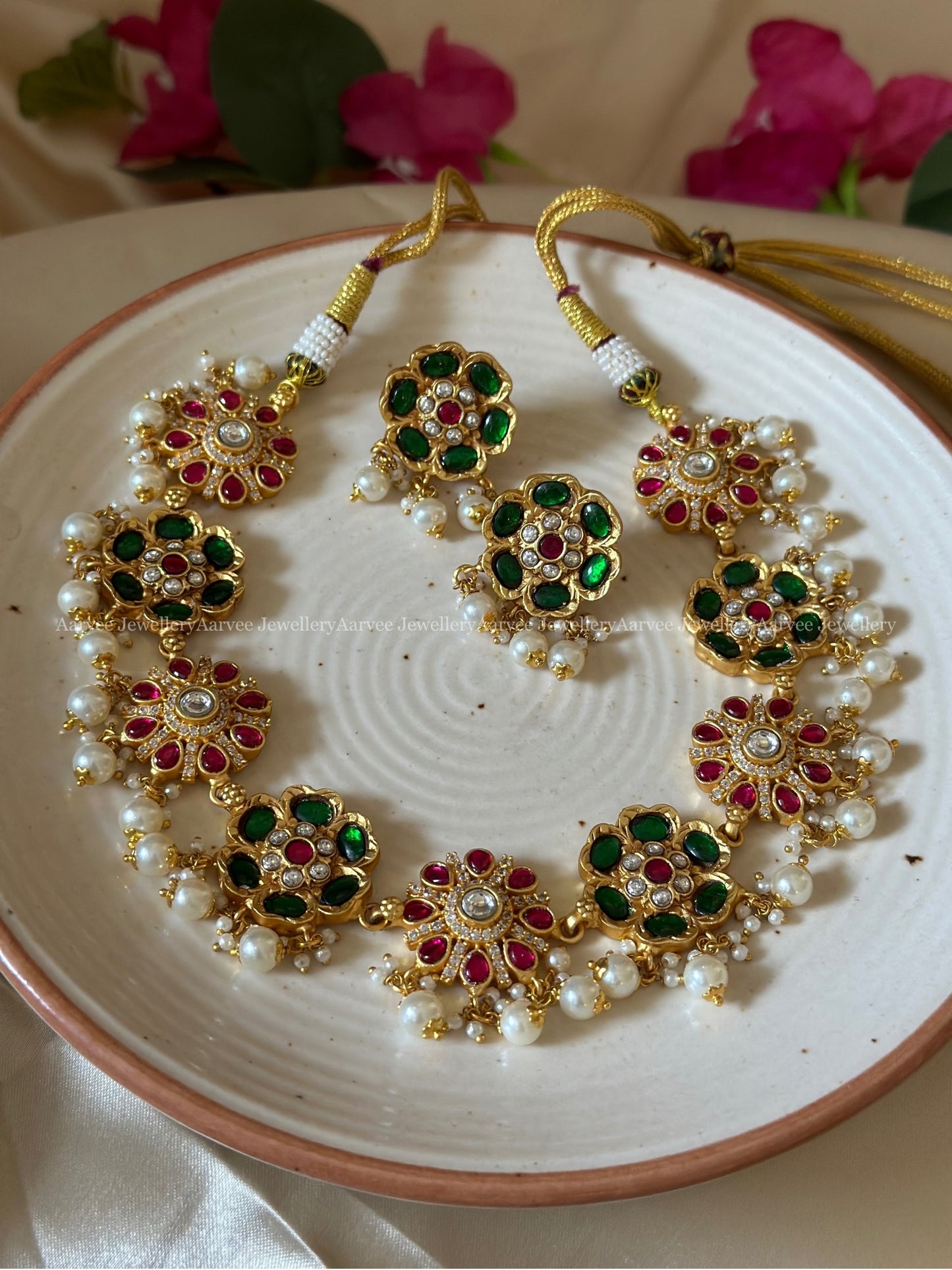 FLORAL DESIGN JADAU KUNDAN NECKALCE SET WITH GREEN / PINK STONES AND PEARL BEADS