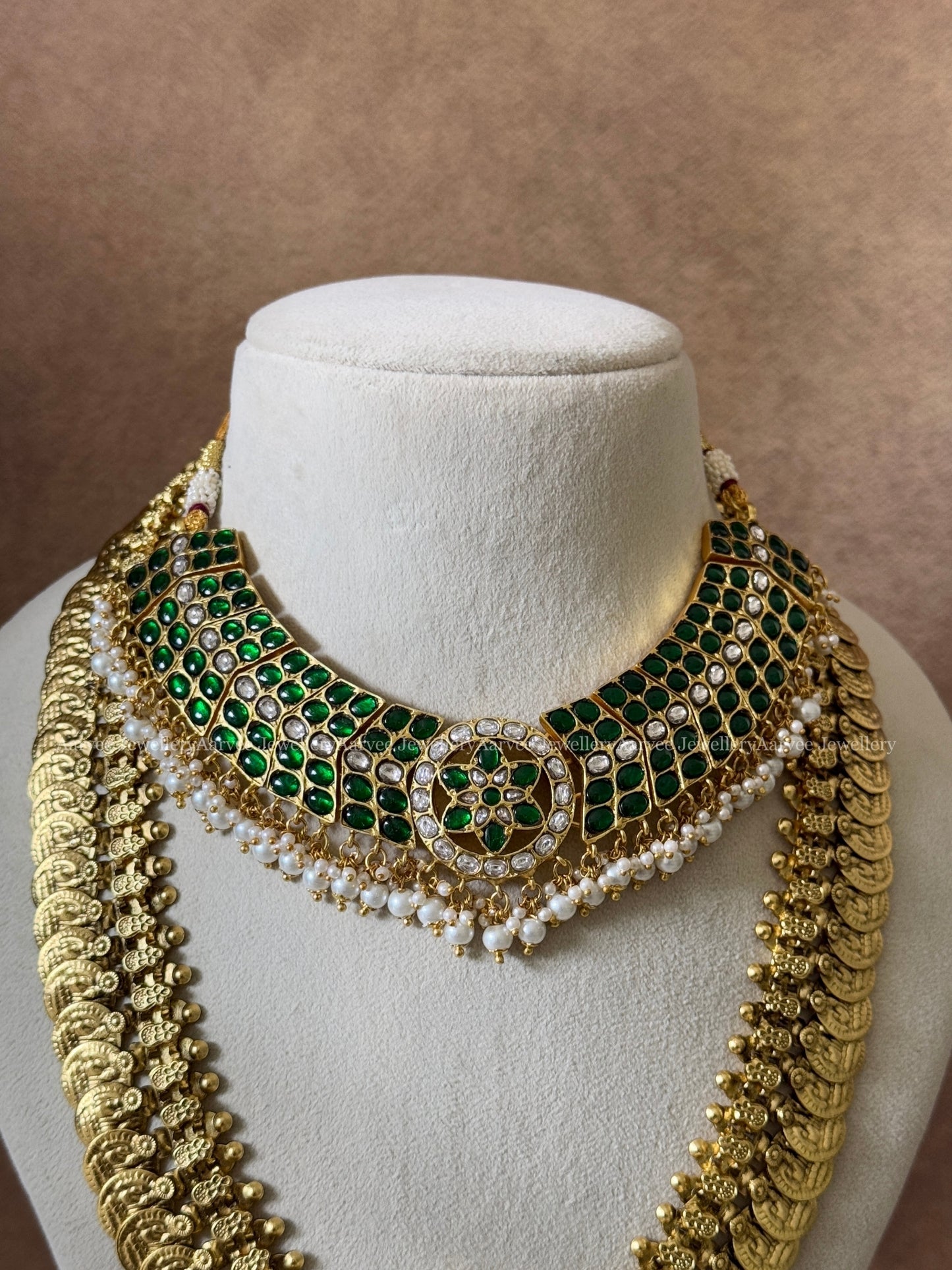 SEMI BRIDAL JADAU KUNDAN GREEN STONE BUTTA NECKLACE WITH COIN MIDLENGTH HARAM WITH GREEN STONE PEACOCK PENDANT AND MANGO JHUMKI