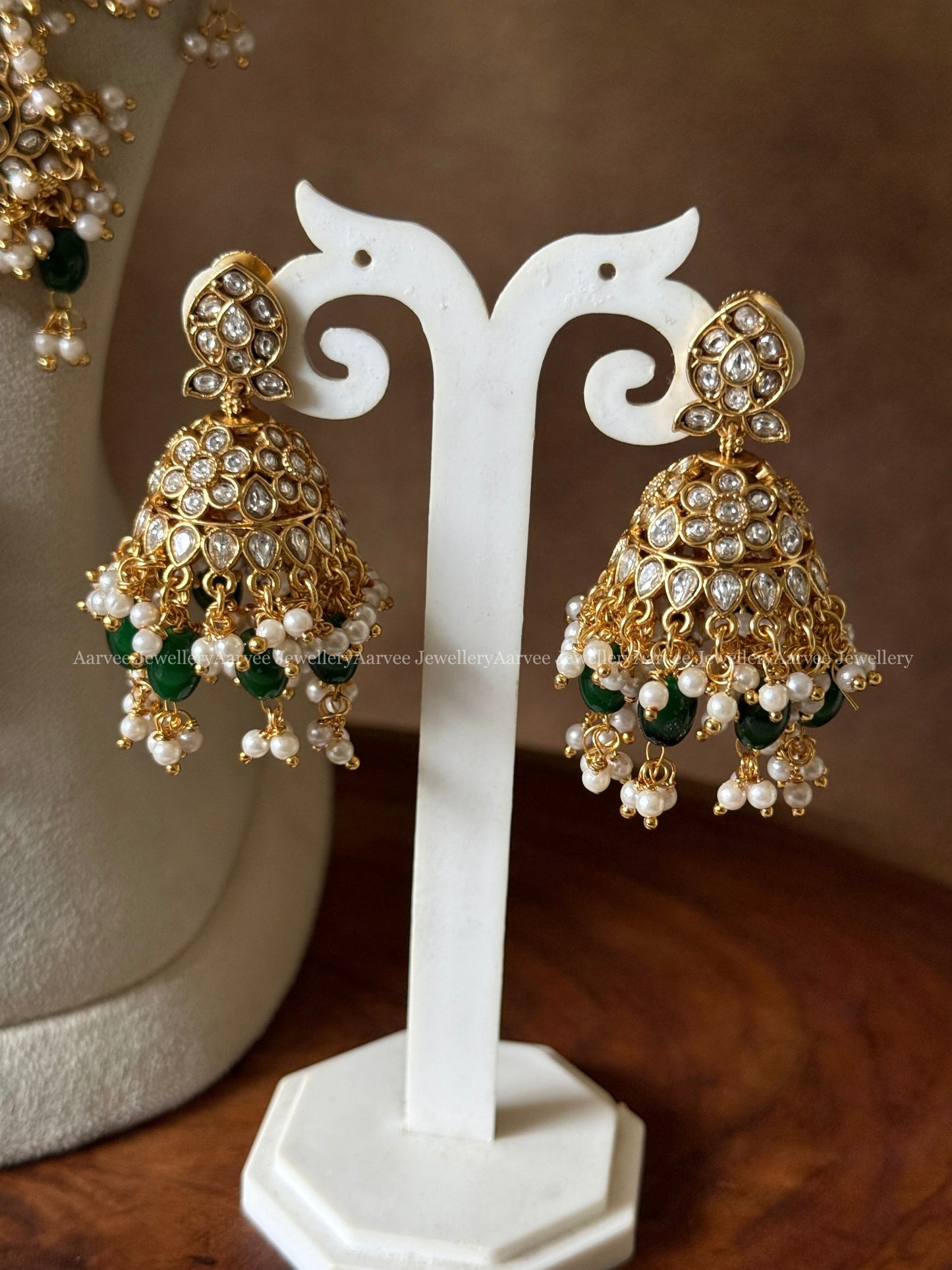KUNDAN WHITE STONE FLORAL GUTTA PUSALU HARAM SET WITH PEARL & GREEN BEADS