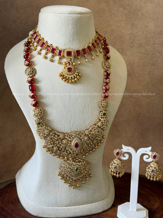 COMBO - CZ RED STONE NECKLACE AND CZ RED STONE HARAM SET WITH GOLD BEADS