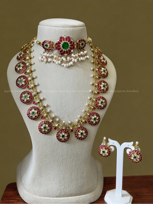 JADAU KUNDAN SEMI BRIDAL - PINK STONE FLORAL CHOKER WITH BOTTU MALA MID LENGTH NECKLACE SET