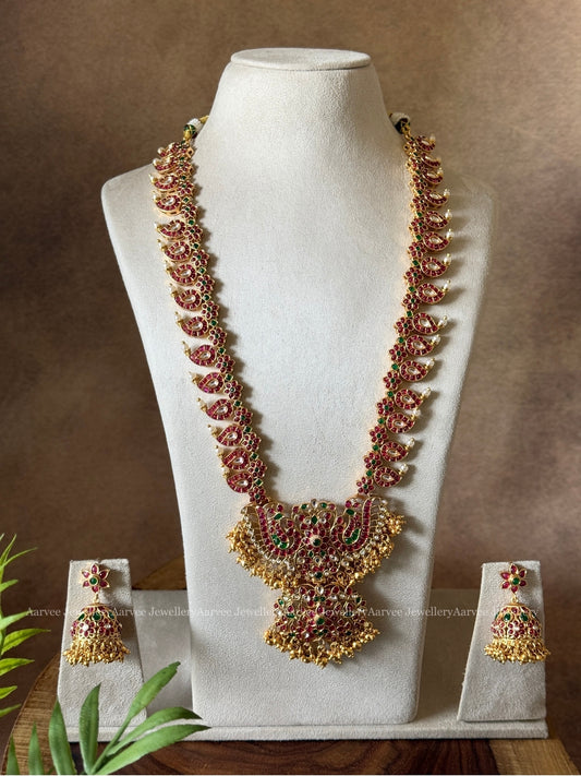 RUBY KUNDAN STONES MANGO MOTIF HARAM SET WITH PEACOCK PENDANT AND GOLD BEADS