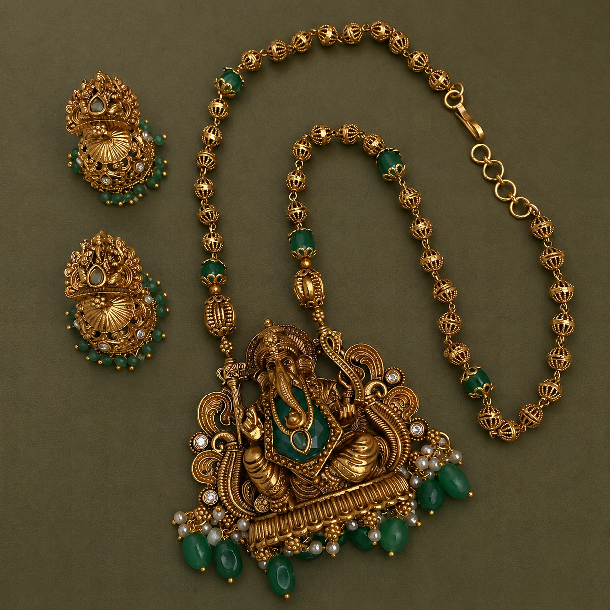 GOLD BEADED MID LENGTH CHAIN SET WITH GREEN STONE GANESHA PENDANT