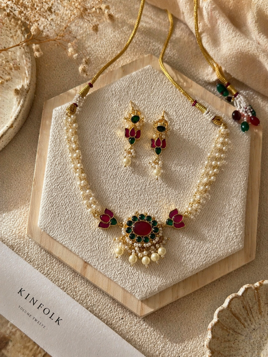 POLKI KUNDAN PEARL CHOKER SET WITH LOTUS DESIGN