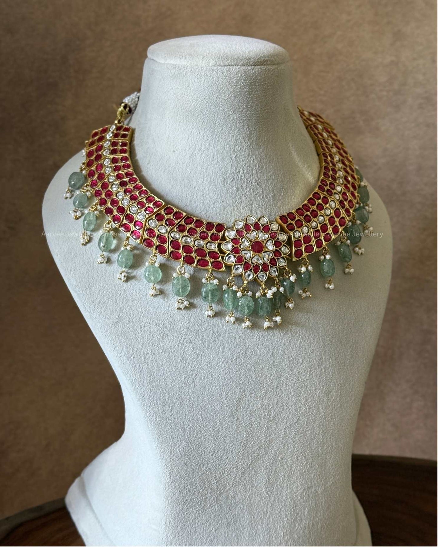 JADAU KUNDAN RUBY STONE FLORAL NECKLACE WITH PASTEL BEADS