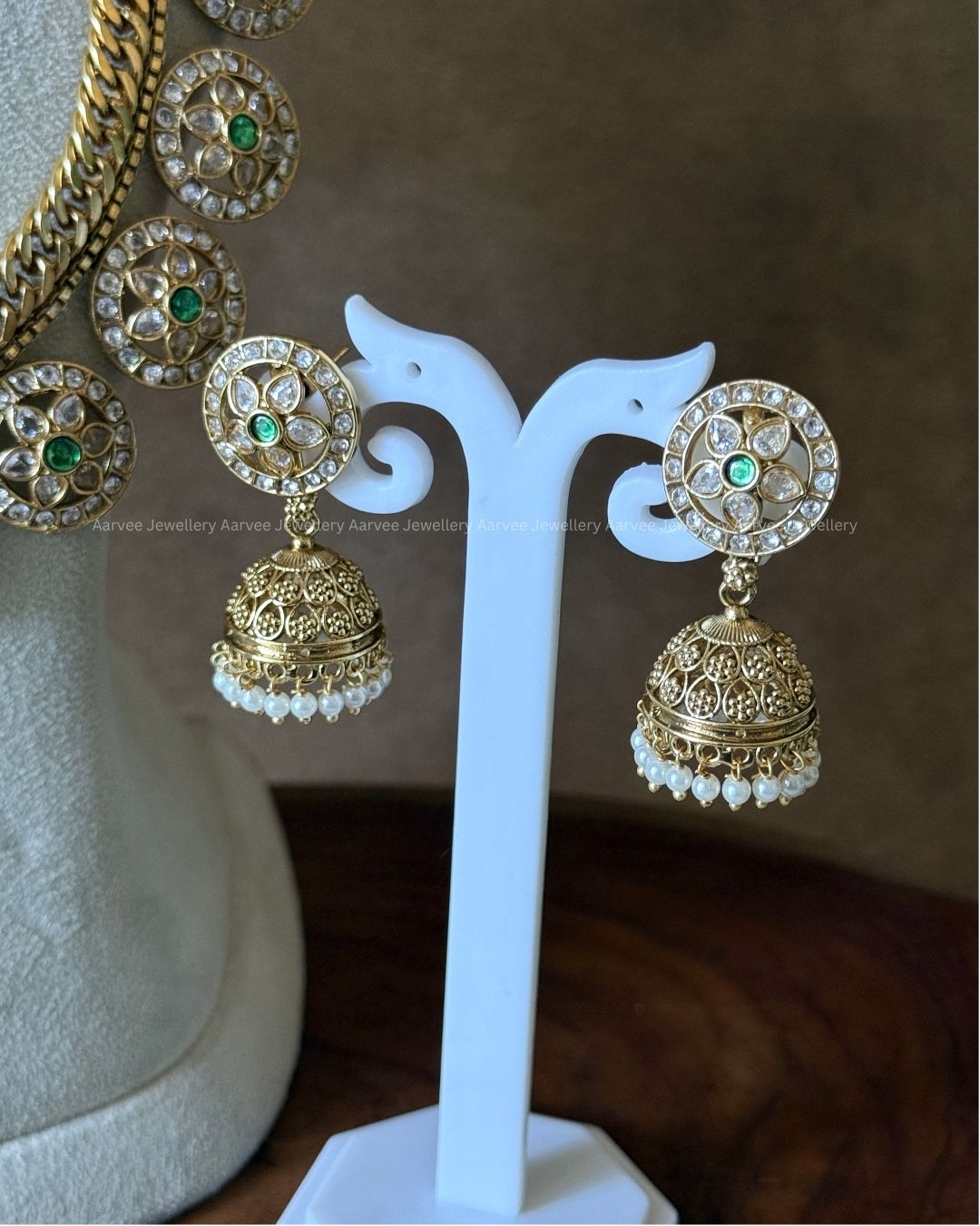 PREMIUM GREEN/WHITE KUNDAN STONE JALEBI STYLE BOTTU MALA HARAM SET