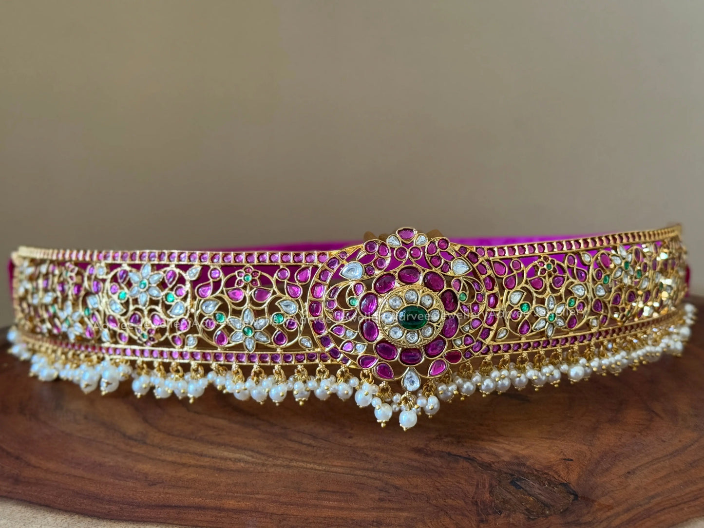 PREMIUM KEMP PINK / GREEN STONES WAIST BELT WITH PEARLS