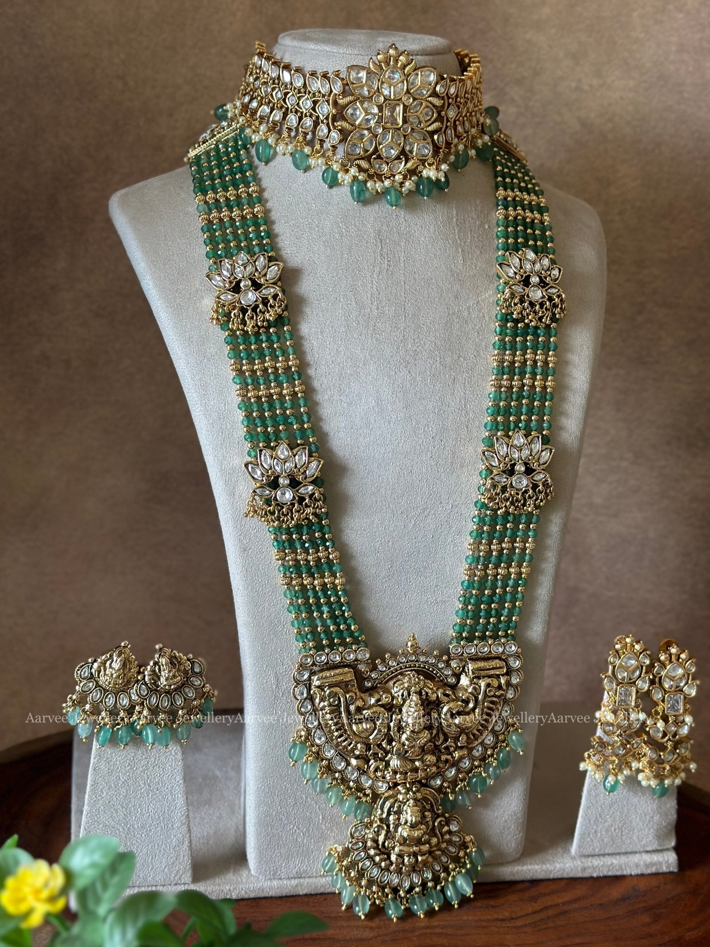 SEMI BRIDAL SET | PASTEL BEADED HARAM WITH LAKSHMI PENDANT PAIRED WITH A KUNDAN CHOKER WITH PASTEL BEADS