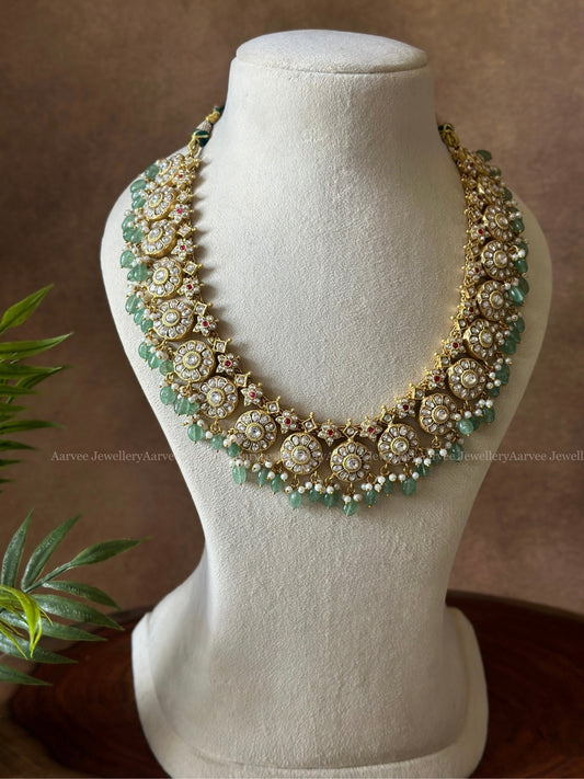 JADAU KUNDAN MID-LENGTH BUTTA NECKLACE WITH WHITE STONES AND PASTEL BEADS