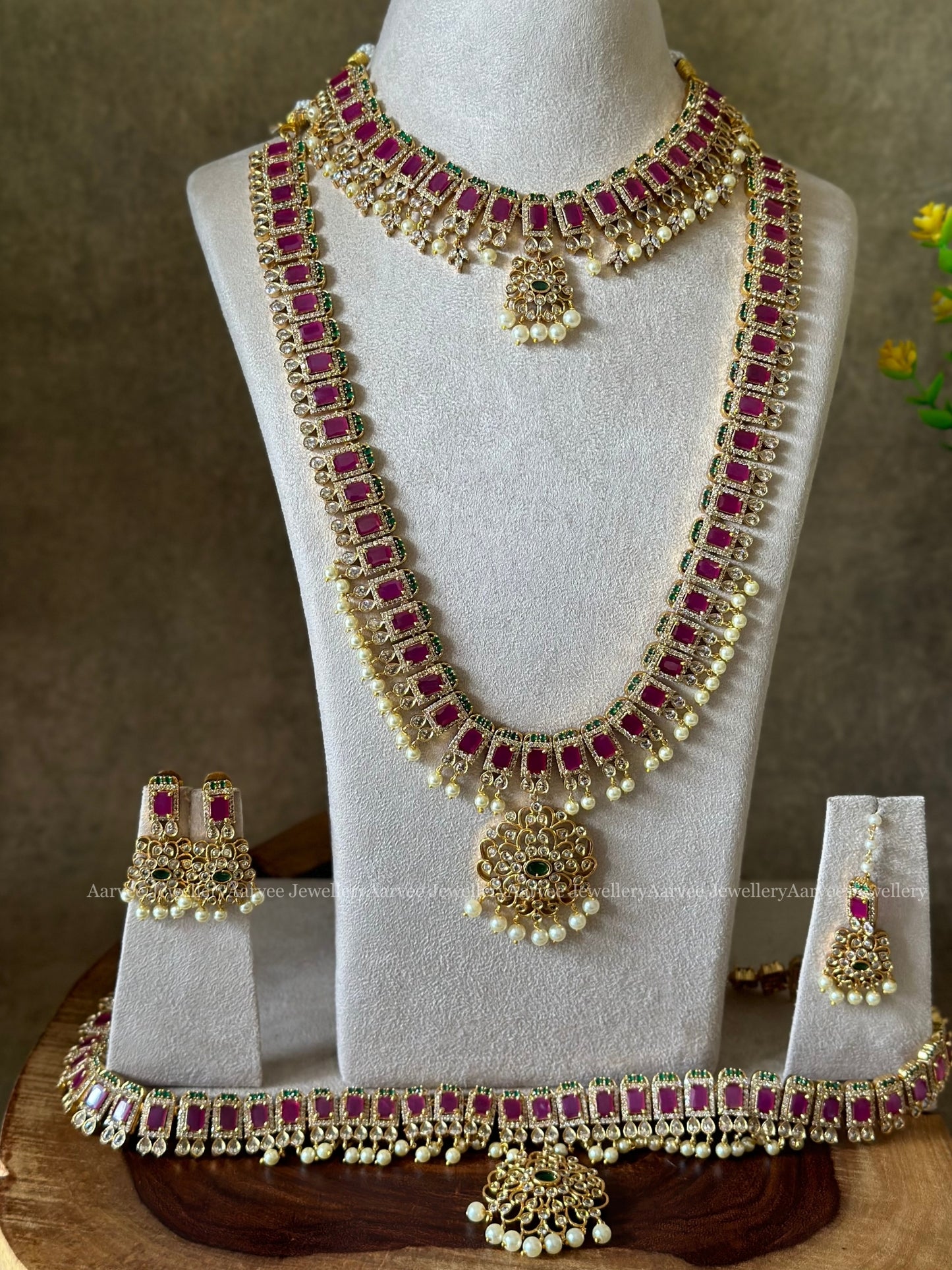 PINK CZ STONES SEMI BRIDAL JEWELLERY SET