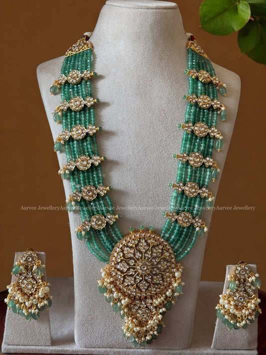 PASTEL BEADED LONG HARAM SET WITH A KUNDAN WHITE STONES PENDANT AND FLORAL SIDE MOTIFS
