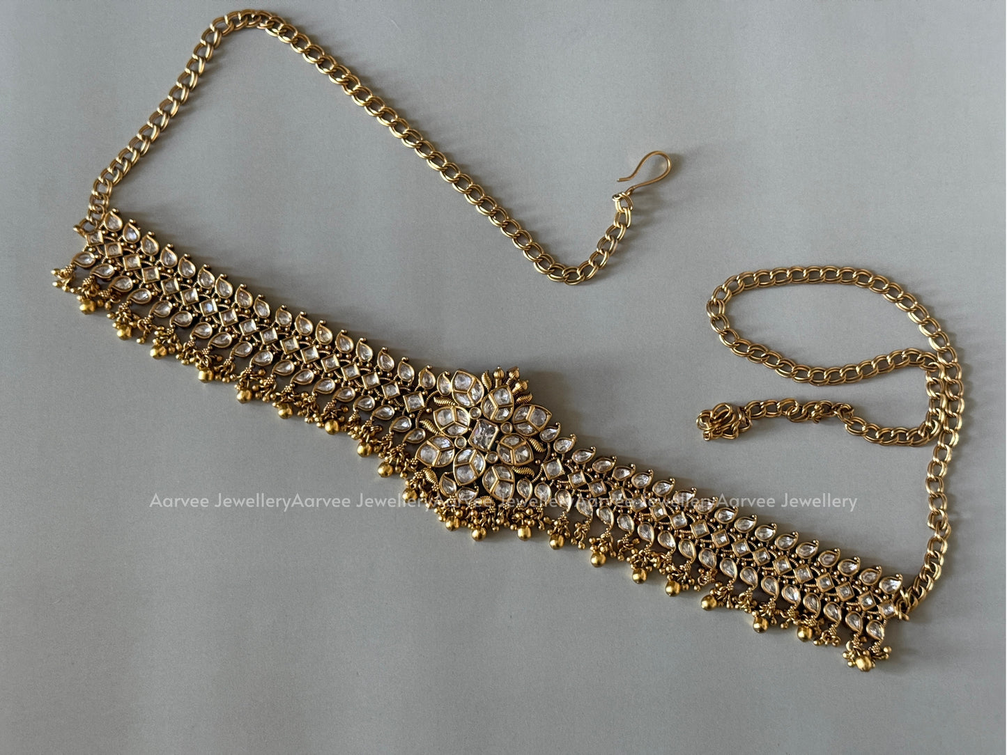 KUNDAN WHITE STONES WAIST CHAIN WITH GOLD BEADS