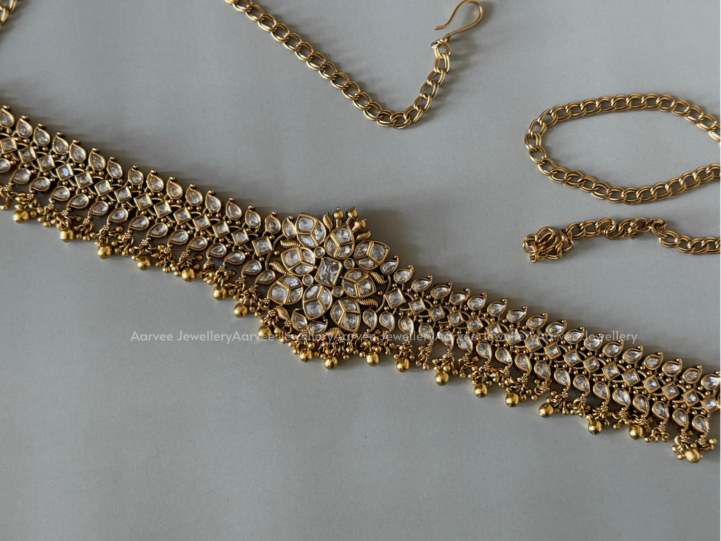 KUNDAN WHITE STONES WAIST CHAIN WITH GOLD BEADS