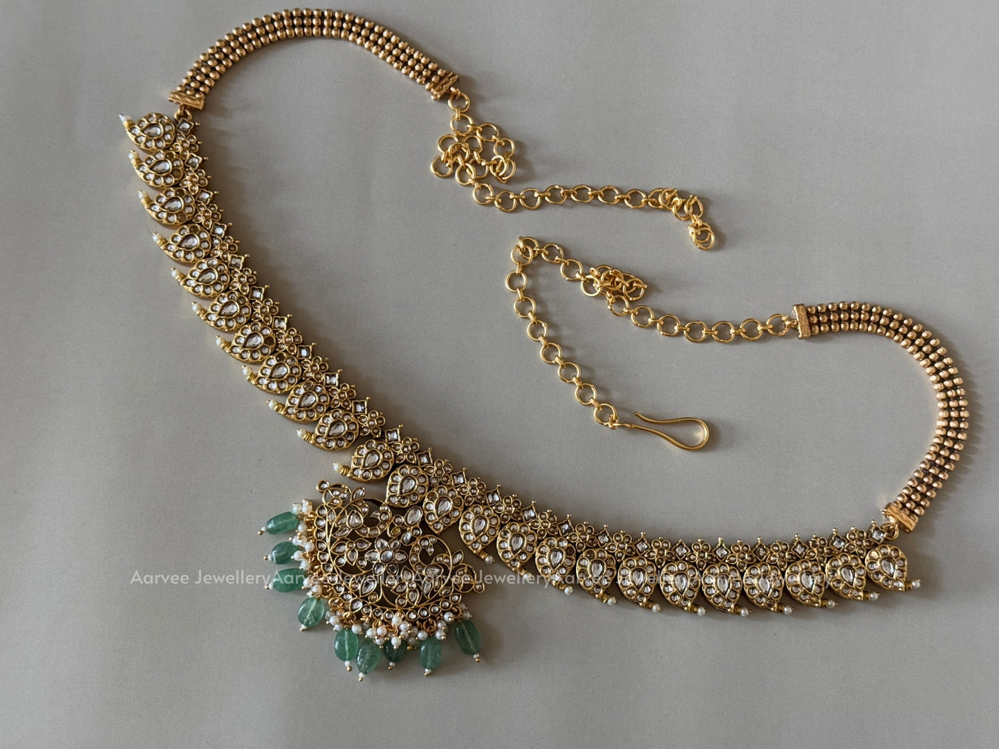 MANGO MOTIF KUNDAN WHITE STONES WAIST CHAIN WITH PASTEL BEADS