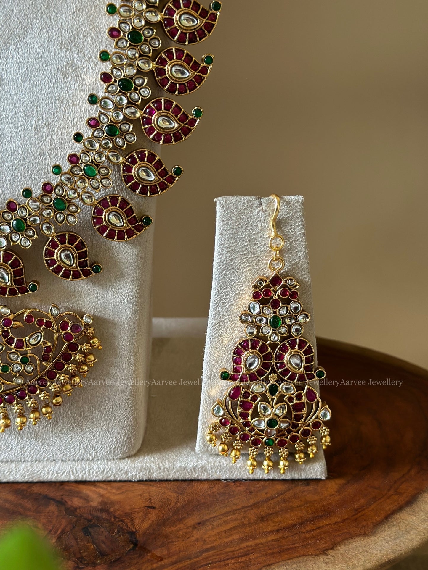 A CLASSIC KEMP SEMI BRIDAL JEWELLERY SET | MANGO MOTIF WITH MULTI COLOR STONE & GOLD BEADS