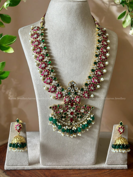 JADAU KUNDAN RUBY STONE MID LENGTH MANGO SET WITH GREEN BEADS