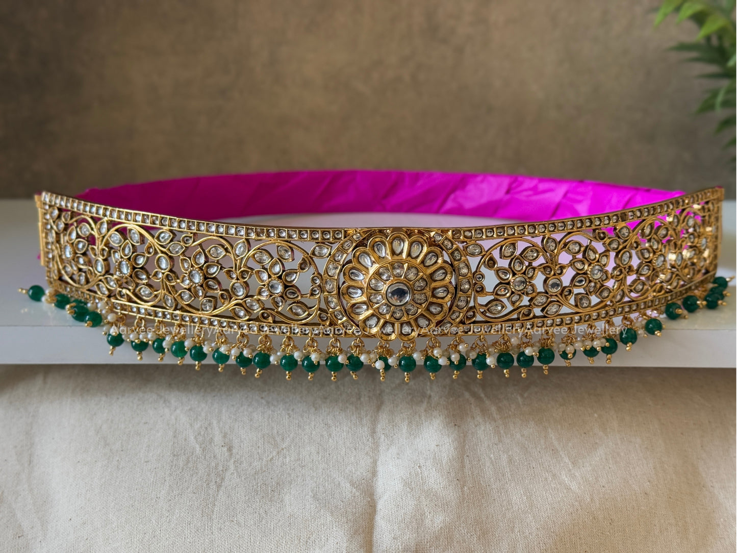 KUNDAN WHITE STONES WAISTBELT WITH DARK GREEN BEADS