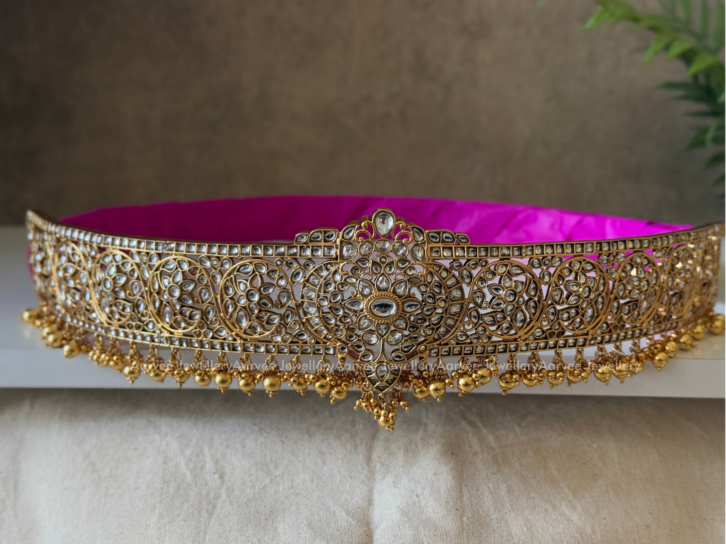 KUNDAN WHITE STONES WAIST BELT WITH GOLD BEADS