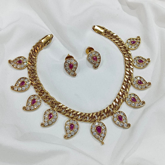 JALEBI NECKLACE SET WITH MANGO MOTIF - WHITE & RUBY STONES