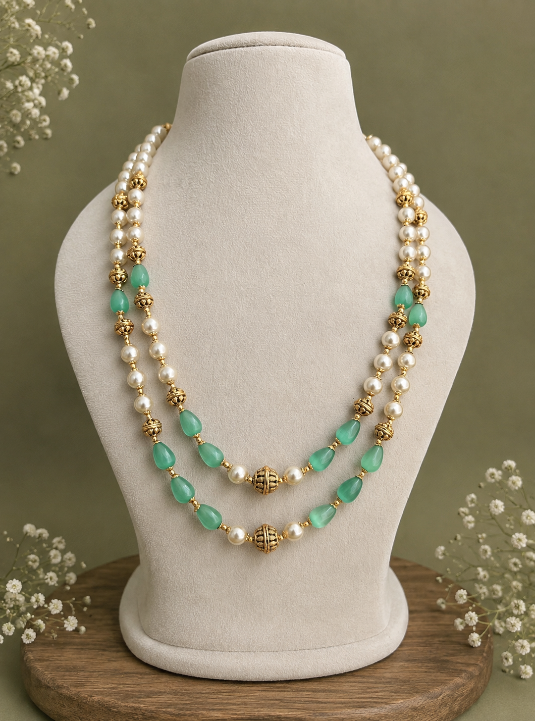 PEARL AND PASTEL BLUE BEADS 2 LAYER MALA