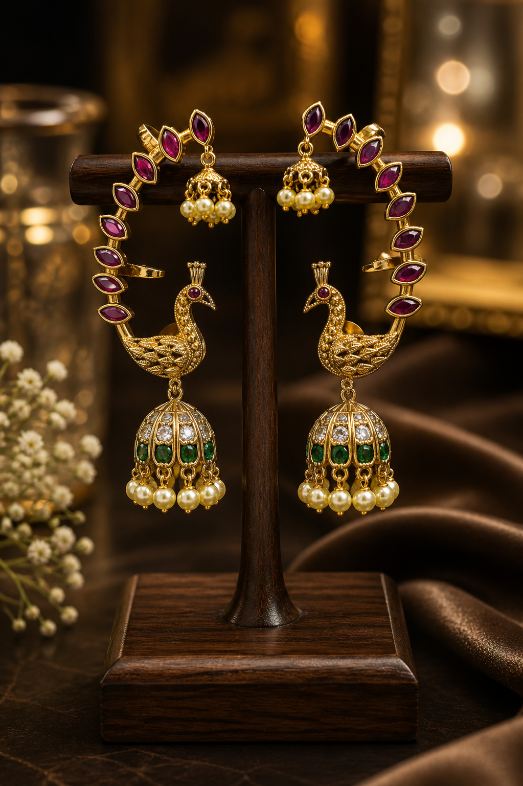 GOLD FINISH KEMP STONES PEACOCK JHUMKI WITH EAR CUFF