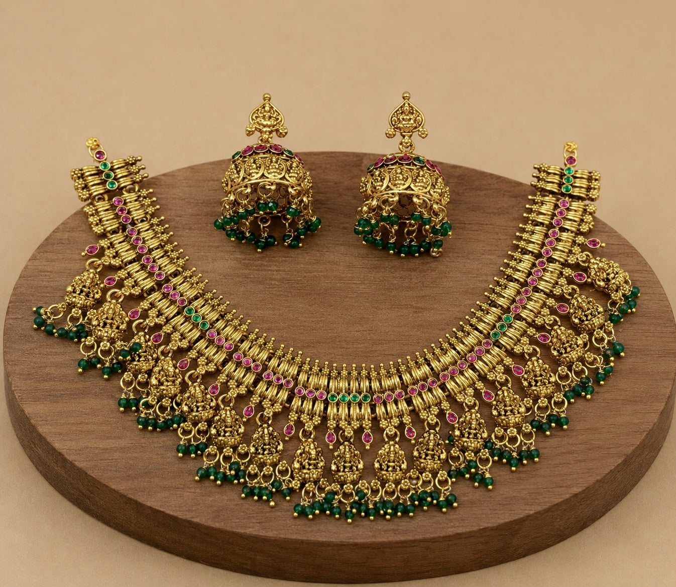 MATTE GOLD RUBY / GREEN STONES MULTI LAKSHMI PENDANTS NECKLACE SET WITH GREEN BEADS