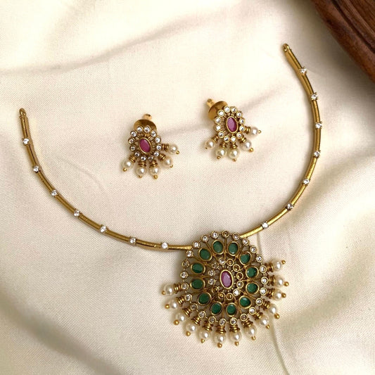 GOLD HASLI NECKLACE SET WITH GREEN STONE CZ PENDANT