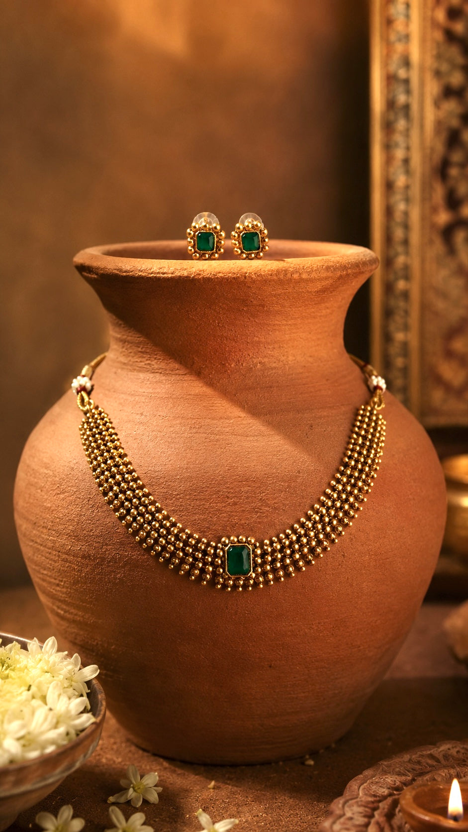 ELEGANT PLAIN GOLD TONE NECKLACE SET WITH GREEN STONE